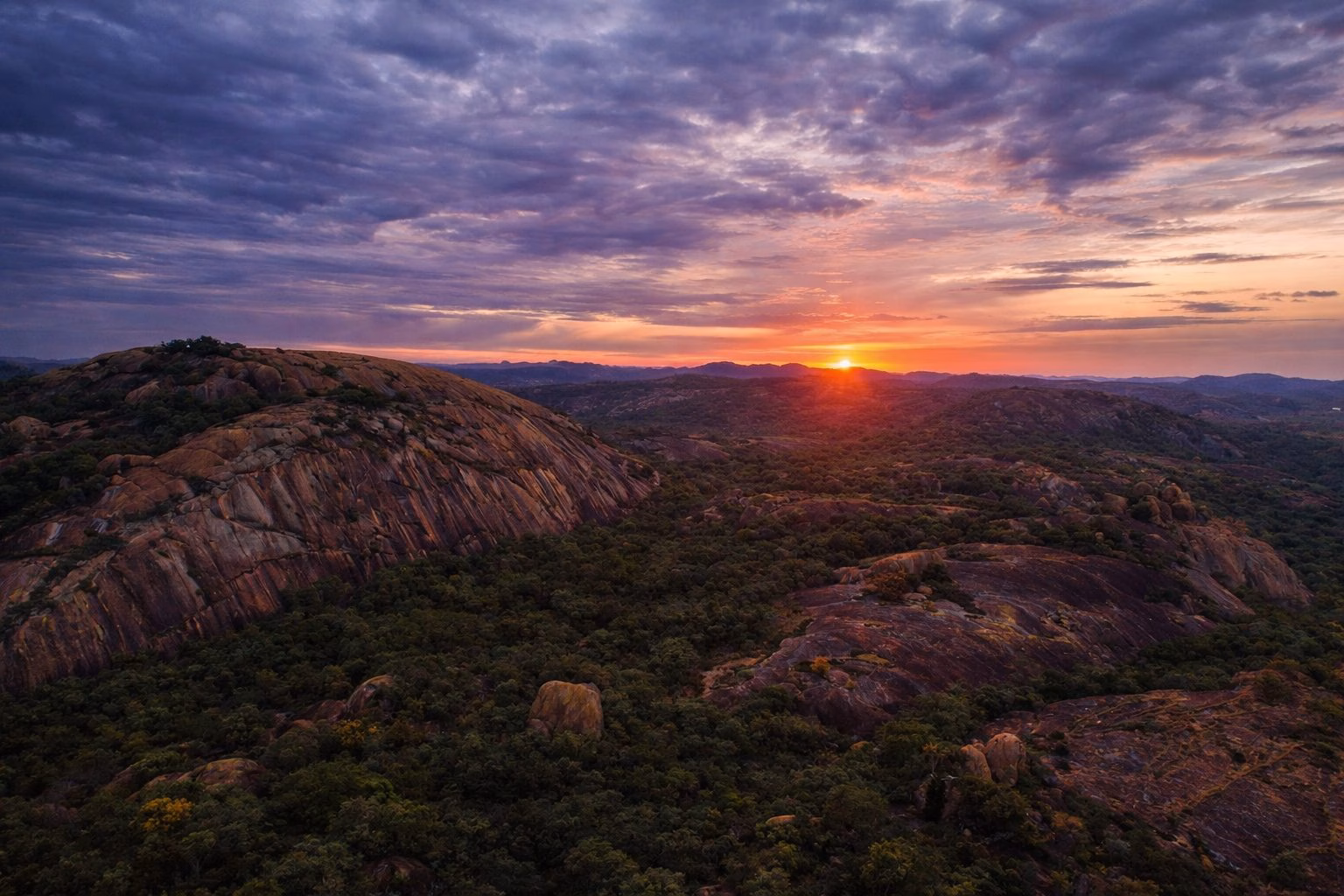 Sunset over the granite domes of the Matobo Hills