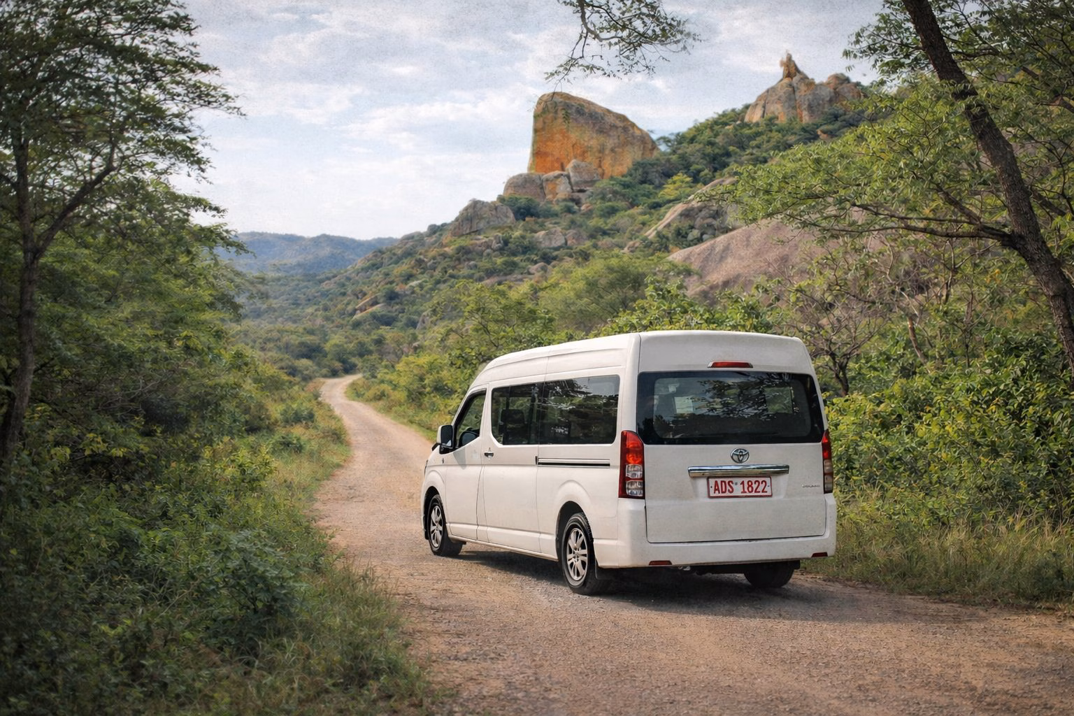 Matobo Hills Lodge transfer vehicle on scenic road