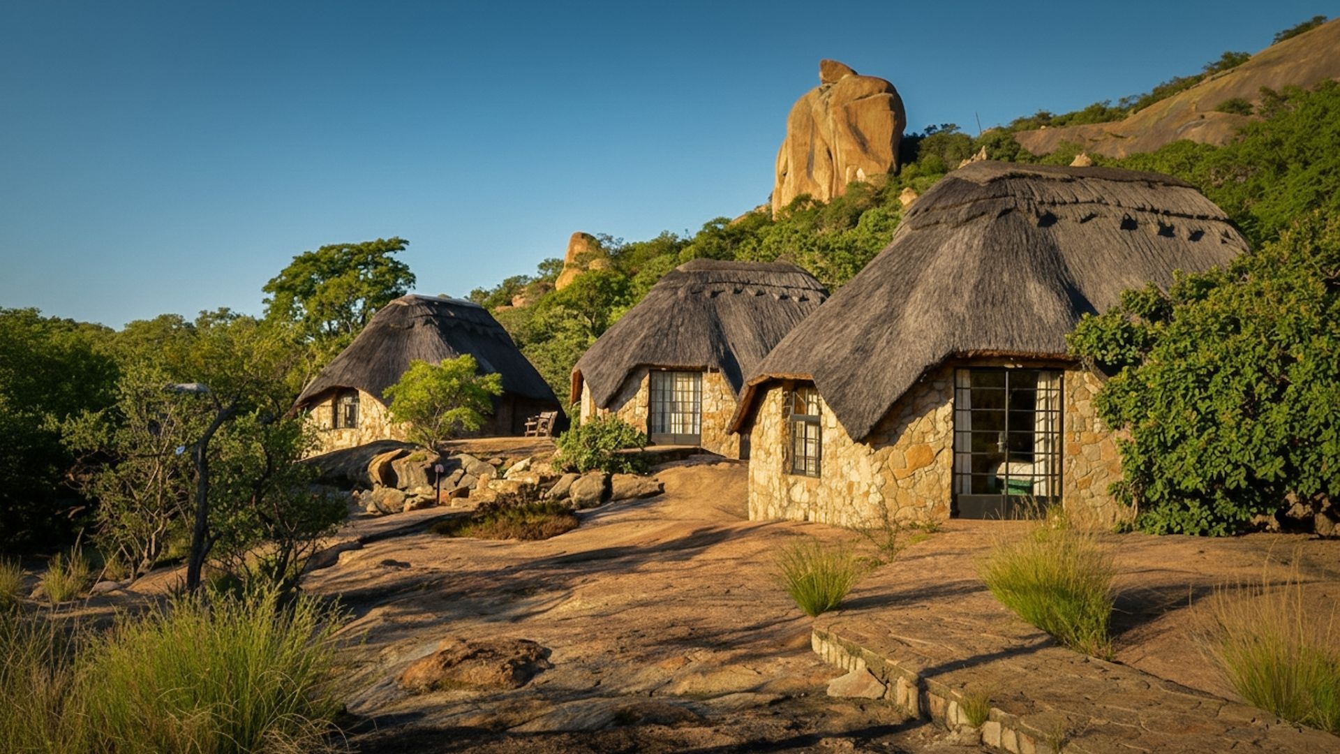 Matobo Hills Lodge chalet exterior at golden hour