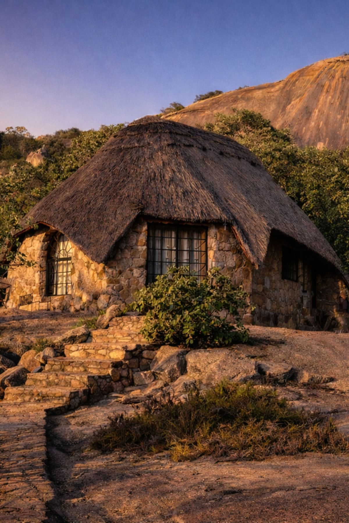 Matobo Hills Lodge stone-and-thatch exterior nestled among ancient granite kopjes