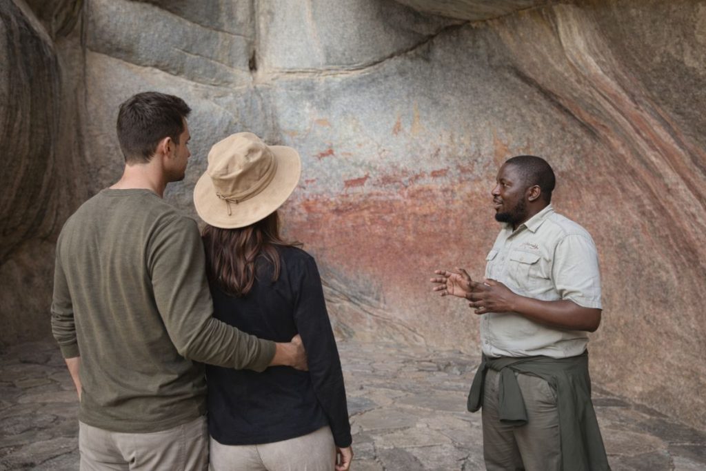 Guide explaining 13,000-year-old San rock art in a Matobo cave, UNESCO