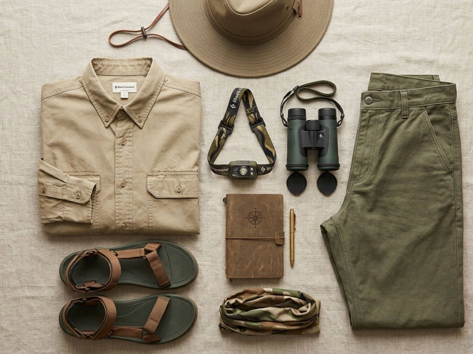Safari packing list flat-lay