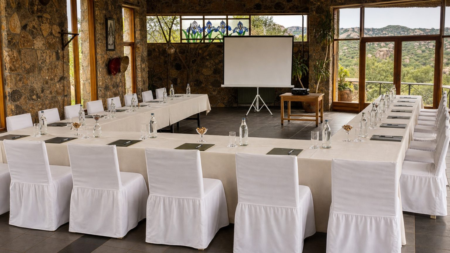Conference room prepared for a retreat at Matobo Hills Lodge