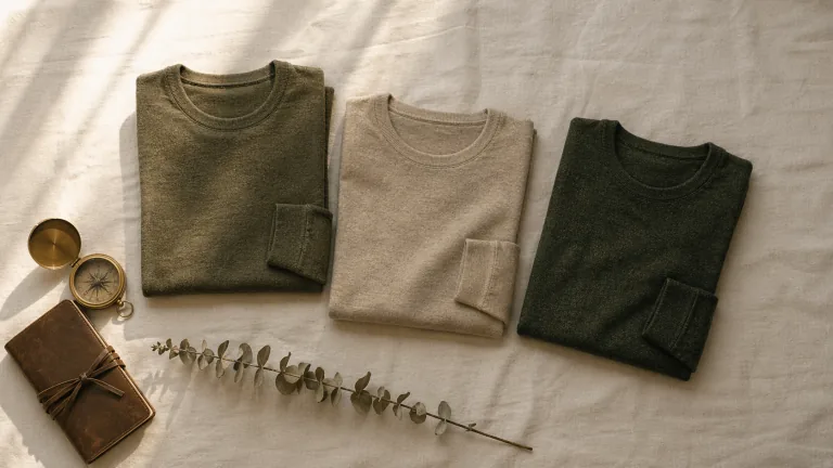 Three folded merino wool shirts in earth tones on pale linen — editorial flat-lay