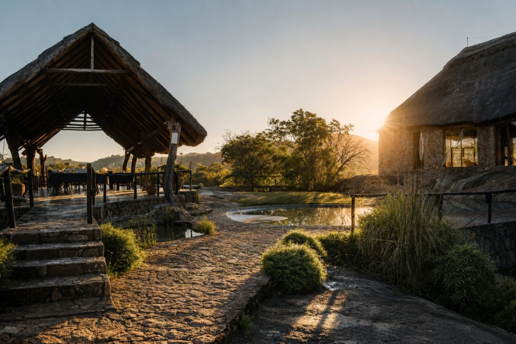 The lodge's thatched dining deck and rock pool in golden evening light