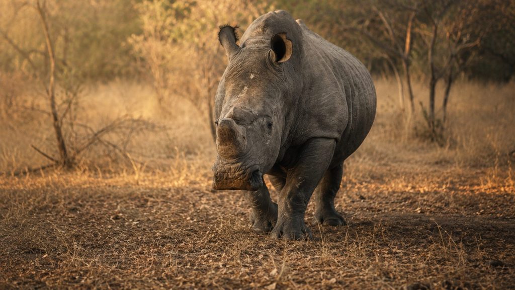 A white rhino standing in golden grass in the Matobo landscape