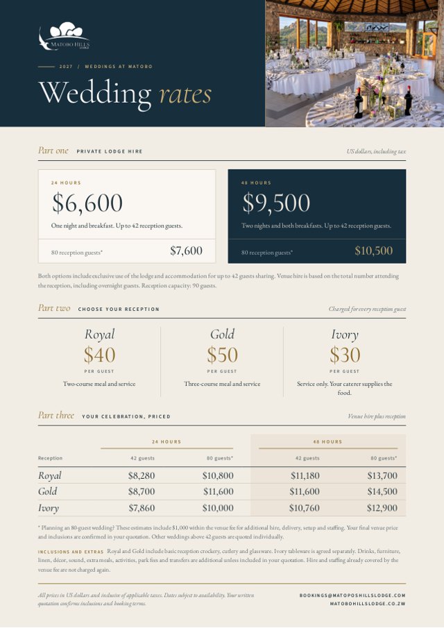 Matobo Hills Lodge 2027 wedding rate card